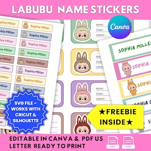 Labubu Name Labels for Kids Printable Back to School Stickers Editable Canva Template Cute Notebook Tags Digital Download Name Tags