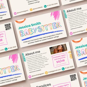 Babysitter Visitenkarte Vorlage | Babysitter Karte zum Ausdrucken | Bleib in Touch Kontaktkarte | QR-Karte + Digitale Flyer oder Handy-Anzeigen-Vorlage