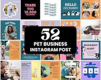 Pet Business Instagram Post Templates: Dog Grooming, Walking, Sitter (Canva Editable, Instant Download)