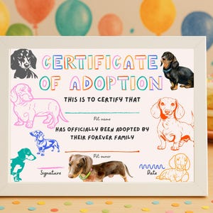 Adoptiecertificaat teckel | Nieuwe puppyaandenken | Verjaardagsfeestje huisdieradoptie | Afdrukbaar aquarel wienerhondontwerp (7 x 5 inch)