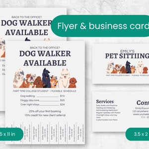 Hondenuitlaatflyer en visitekaartjebundel bewerkbare sjabloon op canvas voor wandelaars en oppas, brochure met minimalistisch design hondenuitlaatservice