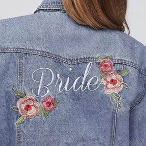 Personalised Floral Embroidered Denim Jacket, Custom Bride Jean Jacket, Name & Date, Elopement Bridal Jacket, Boho Bride Jacket ESE025.B.N.C