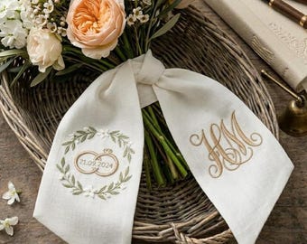 Embroidered Wedding Sash, Rings, Monogram, Ivory Linen Bouquet Wrap
