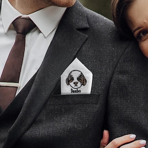 Pañuelo bordado personalizado con cara de mascota, pañuelo de bolsillo de algodón personalizado con nombre, regalo de boda para novios, regalo para amantes de los perros y los gatos ETE030.C