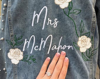 Personalized Bride Denim Jacket, Embroidered Floral Pearl Jean Jacket