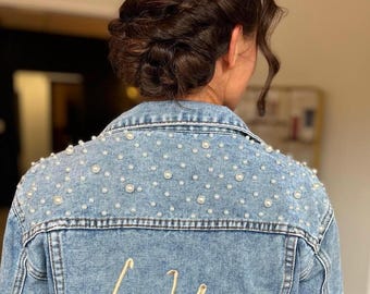 Custom Bridal Pearl Denim Jacket, Personalized Mrs Jean Jacket