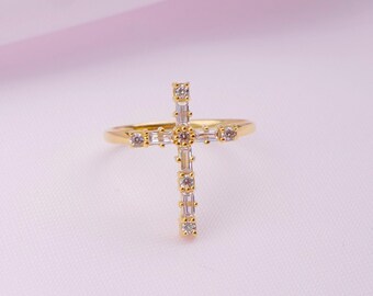 Baguette and Round Cut Cross Band, Minimal Christian Jewelry Gift, 925 Sterling Silver