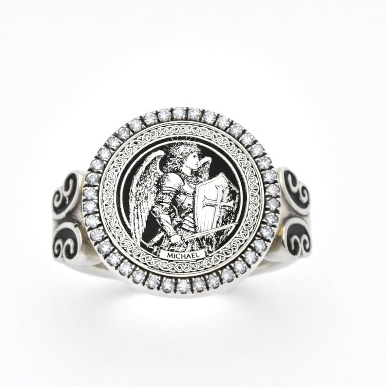 Archangel Michael Protection Ring in Oxidized 925 Silver – Warrior Angel Shield Talisman image 1