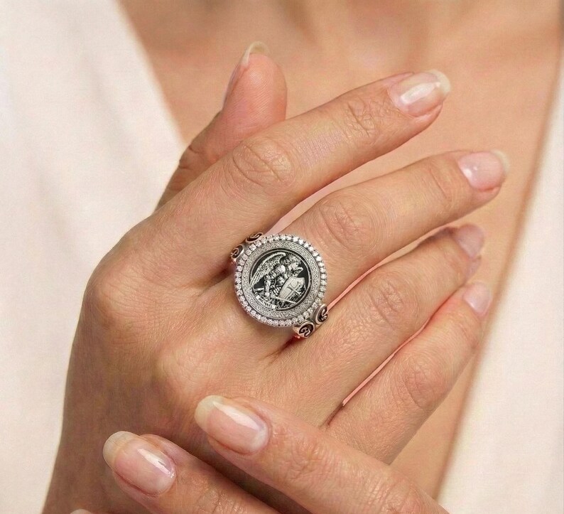 Archangel Michael Protection Ring in Oxidized 925 Silver – Warrior Angel Shield Talisman image 4