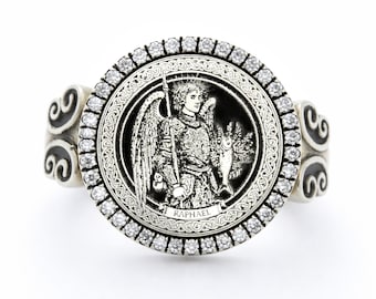 Archangel Raphael Signet Ring, Patron of Healers Travelers, Moissanite Halo, 925 Sterling Silver, Religious Healing Protection Jewelry