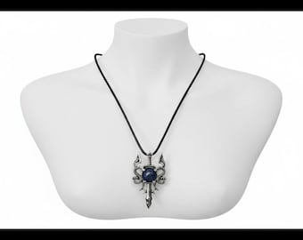 Silber Lapis Lazuli Drachen und Schwert Anhänger mit schwarzer Kordel Kette. 18 Zoll. Echtes Kristallglas.