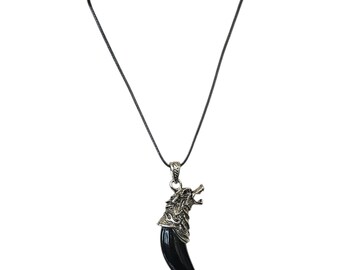 Silver Wolf Head Black Obsidian Pendant Necklace: Stainless Steel Chain, Genuine Crystal.