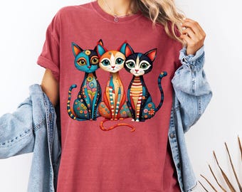 Cat Lover Shirt, Colorful Folk Art Cat Tee, Vintage Comfort Colors® Gift