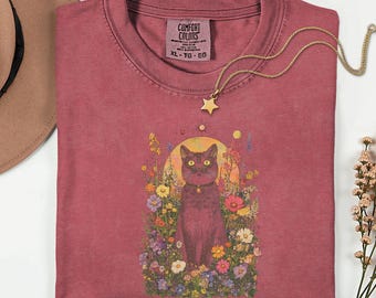 Boho Cat T-Shirt: Celestial Moon, Floral Kitty Graphic