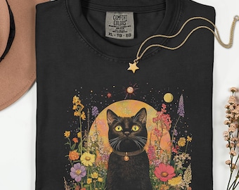 Boho Cat T-Shirt: Celestial Moon, Floral Kitty Graphic