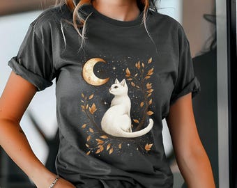 Witchy Celestial White Cat T-Shirt: Boho Moon Child, Comfort Colors Cat Mom Shirt