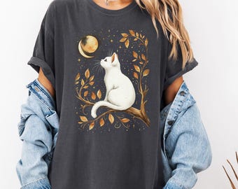 Celestial White Cat T-Shirt: Boho Moon Child, Witchy Cat Mom Shirt