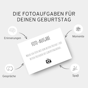 Fotoaufgaben Geburtstag | 60 Karten (davon 10 Blanko Karten zum selber gestalten) | Kennenlernspiel | Geschenkidee Geburtstag | Partyspiel