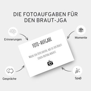 Fotoaufgaben JGA Braut – 60 Karten, extra dickes 350g Premium-Papier, 50 kreative Aufgaben + 10 Blanko-Karten, schlichtes Design