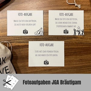 3 Designs | 40 Fotoaufgaben-Karten + 8 Blanko Karten zum selbst ausschneiden | Fotoaufgaben JGA | Partyspiel | Junggesellenabschied Männer
