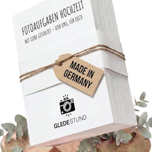 Fotoaufgaben Hochzeit | 100 Karten (davon 10 Blanko Karten zum selber gestalten) | Fotoaufgaben | Kennenlernspiel Hochzeit | Hochzeitsspiel