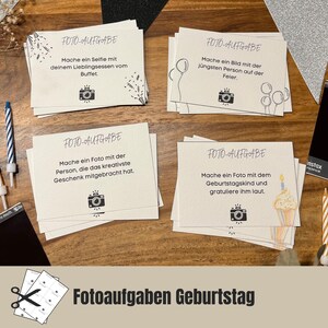 4 Designs | 80 Fotoaufgaben-Karten + 8 Blanko Karten zum selber ausschneiden | Kennenlernspiel | Geburtstagsspiel | Partyspiel | Fotobox