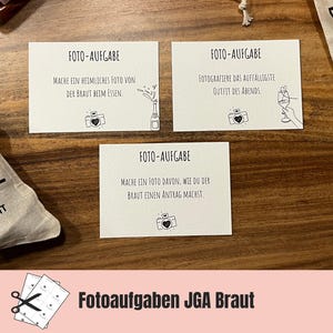 3 Designs | 40 Fotoaufgaben-Karten + 8 Blanko Karten zum selbst ausschneiden | Partyspiel JGA |  Junggesellinnenabschied Braut
