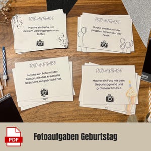 4 Designs | Fotoaufgaben 80 Karten PDF | inkl. Anleitung & Blanko | Download | Kennenlernspiel | Geburtstagsspiel | Gästespiel | Fotobox