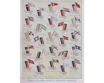 Arte de pared, póster enrollado con banderas de barcos de vapor y marcas de embudo para decoración náutica, regalo para entusiastas de los barcos de vapor, arte para amantes del océano.