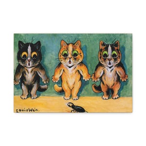Stampa su tela, stampa di cartoline Louis Wain, scarabeo e gatti, design vintage comico, decorazione da parete in tela opaca per gli amanti dei gatti, allungata