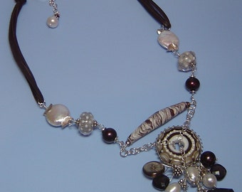 Godiva Necklace as seen in Easy Wire Magazine - Glass, Smoky Topaz, Pearl, Polymer Clay