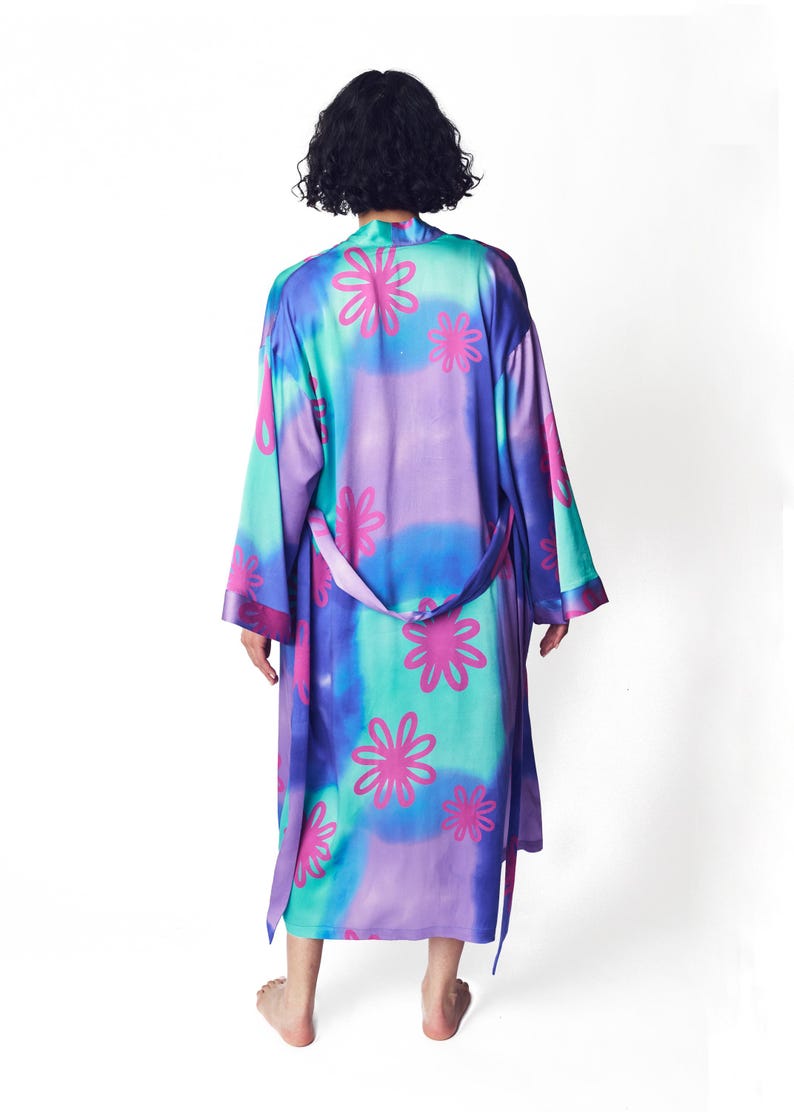 Decorated Robe Watercolor Floral 100% Mulberry Silk Robe | Blue, Purple, Pink ...