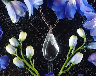 Quartz Necklace - Clear Quartz Pendant - Clear Quartz Necklace with Copper Plating - Quartz Dewdrop Necklace with Graphite