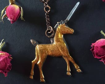 Unicorn Ketting - Eenhoorn met Quartz Hoorn - Quartz Unicorn Ketting - Koper vergulde Eenhoorn Hanger met Quartz Crystal Hoorn