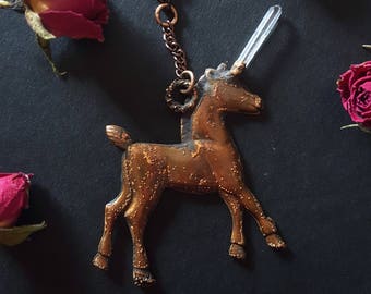 Unicorn Necklace - Unicorn with Quartz Horn - Quartz Unicorn Necklace - Copper Plated Unicorn Pendant with Quartz Crystal Horn