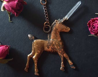 Unicorn Necklace - Unicorn with Quartz Horn - Quartz Unicorn Necklace - Copper Plated Unicorn Pendant with Quartz Crystal Horn