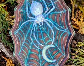 Spider &web - Handgeschilderd spinnenweb met crescent moon - lavendel roest rood en groenblauw vintage afwerking - houten spinnenweb