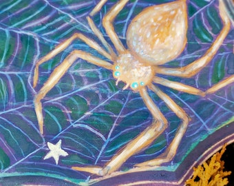Spider & Web - Hand Painted Spiderweb with Star - Orange Purple and Green Vintage Finish - Wooden Spider Web