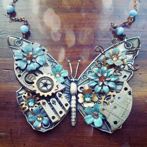 Steampunk Butterfly Necklace - Sky Blue Enamel Flowers with Gold and Silver Gears - Large Butterfly Necklace