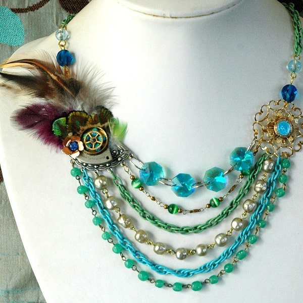Peacock Equinox Steampunk Feather Necklace - Multi Chain Statement Bohemian Couture Vintage Flower Watch Gear Dreampunk