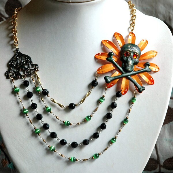 Sunflower of the Dead Statement Necklace - Vintage Enamel Flower Day of the Dead Skull and Crossbones Dark Multi Chain