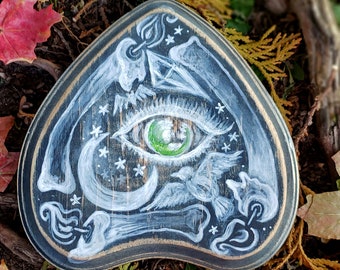 Ouija Planchette - Hand Painted Mystical Eye with Candles Crescent Moon Bat and Raven - Magical Sigil Planchette