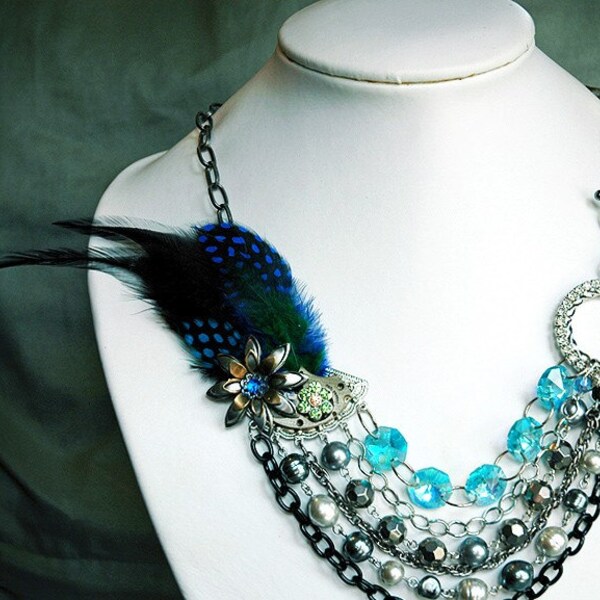 Deconstructed Disco - Vintage Asymmetrical Multi Strand Silver and Aqua Steampunk Feather Statement Necklace