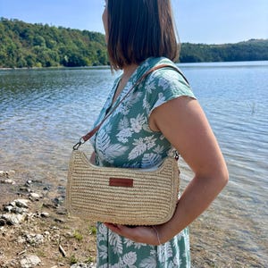 Gehaakte raffia tas, binnenkant van leer, brons en katoen - Handgemaakte raffia tas, handtas, zomertas, handgemaakte strozak, handwerk, schouderband