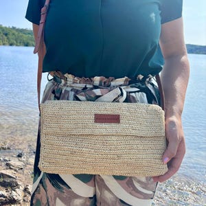 Gehaakte raffia tas, binnenkant van leer, brons en katoen - Handgemaakte raffia tas, tote bag, zomertas, handgemaakte strozak, handwerk