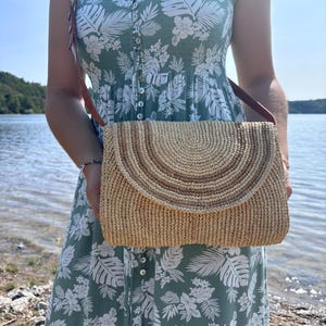 Gehaakte raffia tas, binnenkant van leer, brons en katoen - Handgemaakte raffia tas, handtas, zomertas, handgemaakte tas, knutselwerk, schoudertas