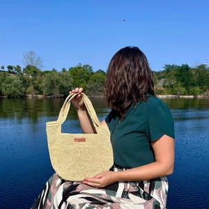 Gehaakte raffia tas, leer, brons en katoenen binnenkant - Handgemaakte raffia tas, tote bag, zomertas, handgemaakte strozak, ambachtelijk