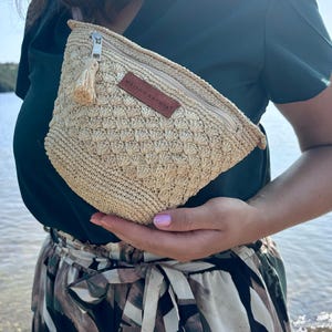 Gehaakte raffia tas, binnenkant van leer, brons en katoen - Handgemaakte raffia tas, handtas, zomertas, handgemaakte tas, knutselwerk, schoudertas