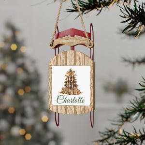 Personalized Christmas Sled Ornament: Custom Name, Winter Woodland Decor