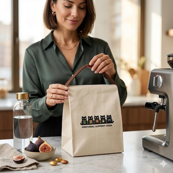Minimalist Lunch Bag, Eco Friendly Cotton Canvas Tote, Modern Cat, Black Cats Mom Gift